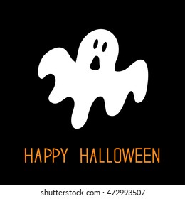 Funny flying ghost. Happy Halloween. Greeting card. Cute cartoon character. Scary spirit. Baby collection. Black background. Flat design. Vector illustration
