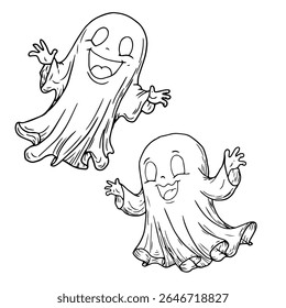 Funny flying ghost, sketched in black and white ink. Vector illustration. A smiling ghost, the set is isolated on a white background. Halloween themes, children's books, postcards, and textiles