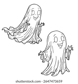 Funny flying ghost, sketched in black and white ink. Vector illustration. A smiling ghost, the set is isolated on a white background. Halloween themes, children's books, postcards, and textiles