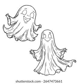 Funny flying ghost, sketched in black and white ink. Vector illustration. A smiling ghost, the set is isolated on a white background. Halloween themes, children's books, postcards, and textiles