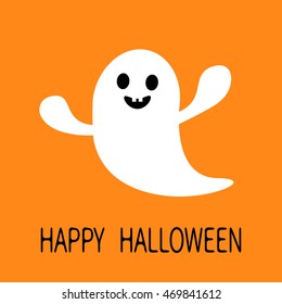 Funny flying ghost. Smiling face with tooth. Happy Halloween. Greeting card. Cute cartoon character. Scary spirit. Baby collection. Orange background. Flat design. Vector illustration