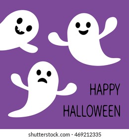 Funny flying ghost. Smiling and sad face with tooth. Happy Halloween. Greeting card. Cute cartoon character. Scary spirit. Baby collection. Violet background. Flat design. Vector illustration
