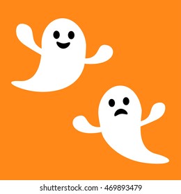 Funny flying ghost. Smiling and sad face. Happy Halloween. Greeting card. Cute cartoon character. Scary spirit. Baby collection. Orange background. Flat design. Vector illustration