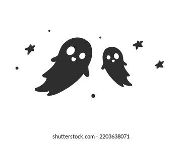 Funny flying ghosts silhouettes. Halloween scary spirits in the sky. Vector illustration isolated on white background