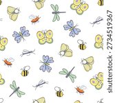 Funny flying insects: bee, butterfly, dragonfly, ant and moth vector hand drawn seamless pattern.