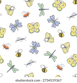 Funny flying insects: bee, butterfly, dragonfly, ant and moth vector hand drawn seamless pattern.