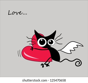 Funny flying kitten with heart