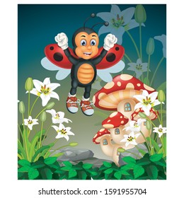 Funny Flying Ladybug On The Top of White Ivy Flower With Mushroom Cartoon for your design