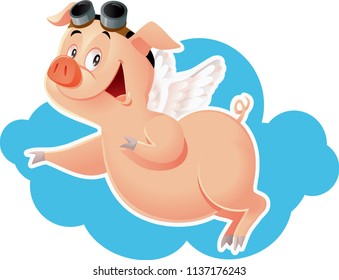 
Funny Flying Pig Vector Cartoon Illustration. When pigs fly concept post art hilarious drawing 
