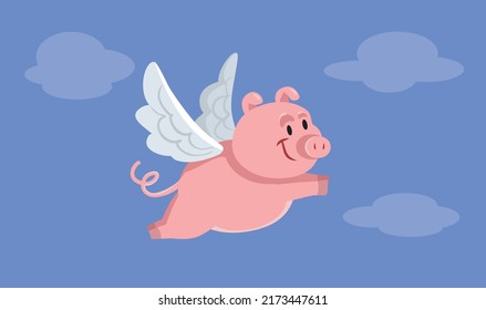 Funny Flying Pig Vector Cartoon Illustration Design. Cute, adorable piggy with wings in fantasy concept art design
