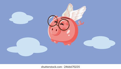 
Funny Flying Piggy Bank Vector Cartoon Illustration. Prosperity concept of investing wealth for profit image design 
