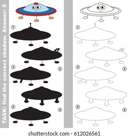 Funny Flying UFO Sauser with different shadows to find the correct one, compare and connect object with it true shadow, the educational kid game with simple gaming level.