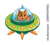 Funny flying UFO spaceship, cat in a flying saucer in a spacesuit. UFO in children