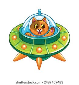 Funny flying UFO spaceship, cat in a flying saucer in a spacesuit. UFO in children's style on a white background.