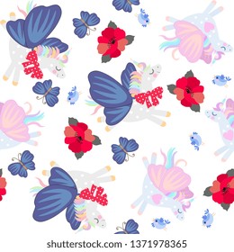 Funny flying unicorns with wings of butterflies and red poppy flowers isolated on white background. Seamless ornament.