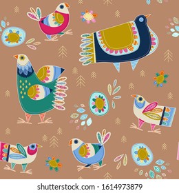 Funny folk birds with flowers