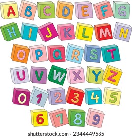 Funny font baby cubes and English alphabet with numbers for little kids, a vector set of colorful bricks with letters isolated on a white background