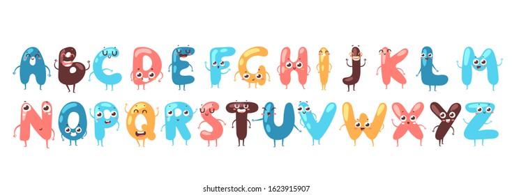 Funny font, vector illustration. Letters cartoon characters with smiling faces, English alphabet. Typographic font for children, funny colorful typeset, cute letters in cartoon style. Text for kids