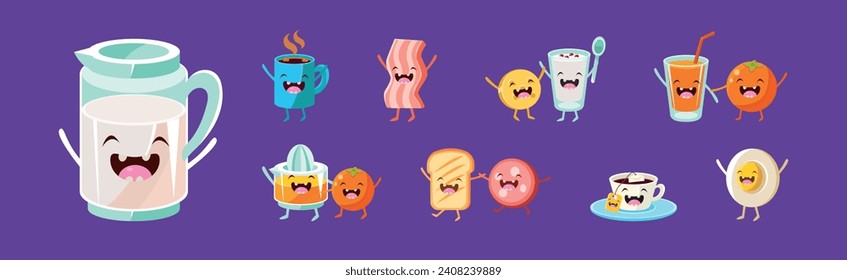 Funny Food Character with Happy Smiling Faces Vector Set