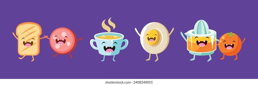 Funny Food Character with Happy Smiling Faces Vector Set