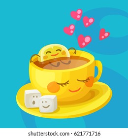 Funny food characters a cup of tea, lemon slice and sugar cubes in love. Cheerful emoji cartoon vector illustration