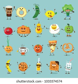 Funny  food characters with emotions, includes fast food and fruits, vegetables vector illustrations.