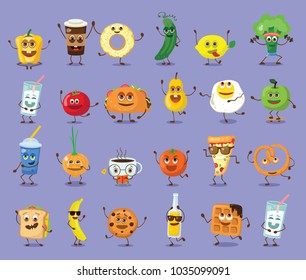 Funny food characters with emotions, includes fast food and fruits, vegetables vector illustrations.