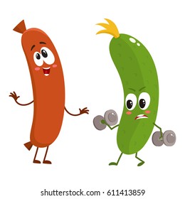 Funny food characters, zuccini versus sausage, healthy lifestyle concept, cartoon vector illustration isolated on white background. Zuccini doing fitness and laughing sausage characters, mascots