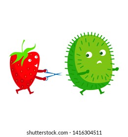 Funny food. Cheerful strawberry with scissors running catch kiwi