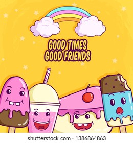 Funny food expression with slice cake ice cream and soda on yellow background