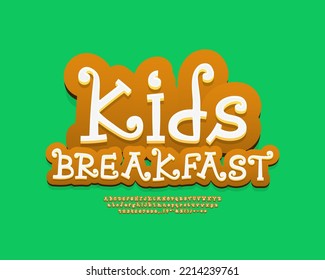 Funny food label Kids Breakfast with 3d cartoon curly font on green background. Font set with uppercase and lowercase letters, numbers
