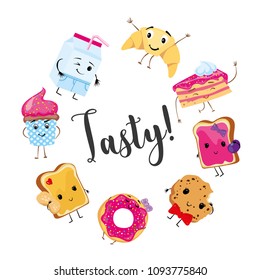 Funny food with lovely faces. A packet of milk, donuts, cake and toast with jam and peanut butter, cake and biscuits. Vector illustration.