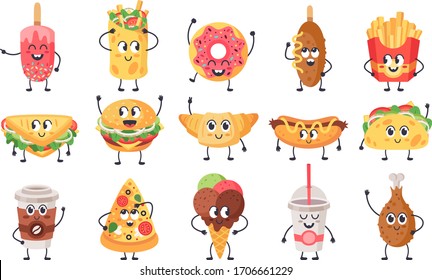 Funny food mascots. Cute doodle junk food mascot, fast food with faces, happy cheeseburger, pizza and croissant vector illustration icons set. Sandwich and snack with face cute, unhealthy meal