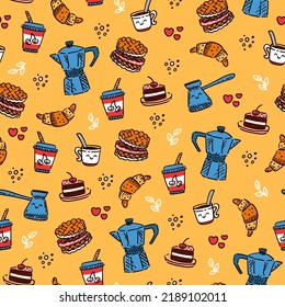 Funny food pattern with coffee pots, mugs and sweet pastries. Seamless vector background hand drawn in sketch style for menu, kitchen textile or packaging design