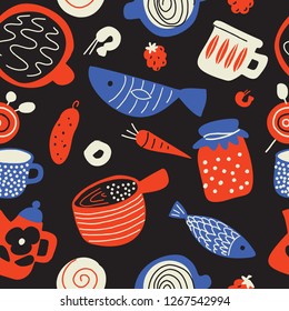 Funny food seamless pattern in sketch style. Scandinavian food and kitchen ware. Made in vector