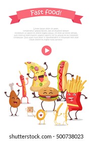 Funny food story conceptual banner web site design with play button. Sausage pizza donut bacon chicken hamburger fries sugar potatoes eggs. Happy meal for children. Childish menu poster. Vector