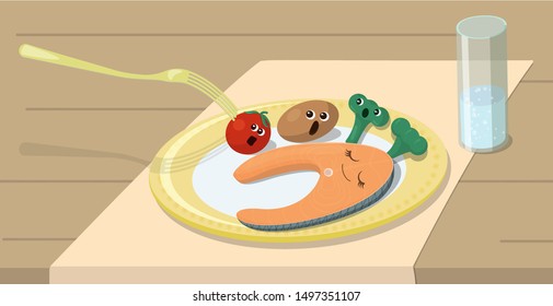 Funny food. Vegetarians note-vegetables we eat alive. Vegetables are afraid of forks, try to run away in fright, but they have no legs. The fish is calm and happy smiles