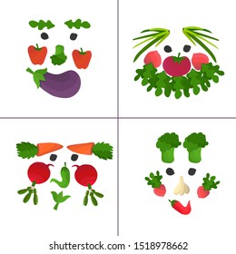 Funny food veggies creatures made from vegetables: carrot, beetroot, garlic, pepper, radish, chilli, aubergine, broccoli. Cute fellows set with eyes, 
beard, cheeks, nose. Childish characters isolated