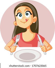 
Funny Foodie Girl Craving a Good Meal in a Restaurant. Cute woman holding fork and knife waiting for meal to be served 
