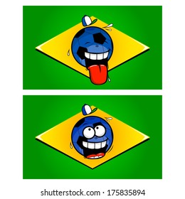 Funny football smiling cartoon faces in Brazilian flags. Vector illustration