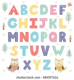 Funny forest alphabet for kids. Vector illustration