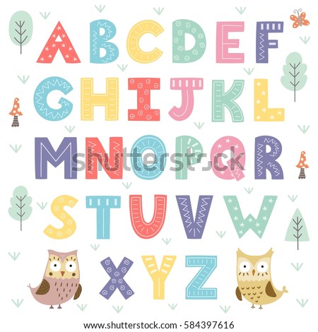 Funny forest alphabet for kids. Vector illustration