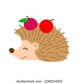 Funny forest animal in a cartoon style. Cute hedgehog with red apples on his back
