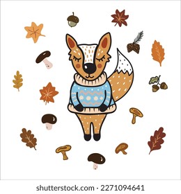 Funny forest animal color doodle, a fox character wearing a cozy sweater, Scandinavian-style autumn elements collection: mushrooms, acorns, pine cones, leaves