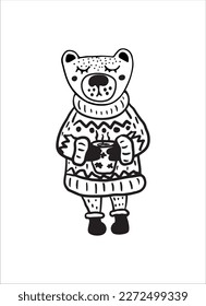 Funny forest animal doodle, a bear character wearing a cozy sweater, Scandinavian-style animal holding a hot beverage 