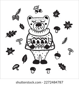 Funny forest animal doodle with fall elements, a bear wearing a cozy sweater, a Scandinavian-style animal with mushrooms, leaves, acorns and pine cones, autumn in the forest collection of doodles 