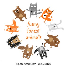 Funny forest animals - bear, wolf, fox, rabbit, hedgehog, groundhog, raccoon, beaver and squirrel hand drawn in baby style isolated on white background. Vector illustration