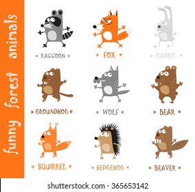 Funny forest animals - bear, wolf, fox, rabbit, hedgehog, groundhog, raccoon, beaver and squirrel hand drawn in baby style isolated on white background. Vector illustration