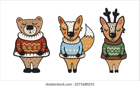 Funny forest animals color doodles, a bear, a deer and a fox characters wearing cozy sweaters, Scandinavian-style animals