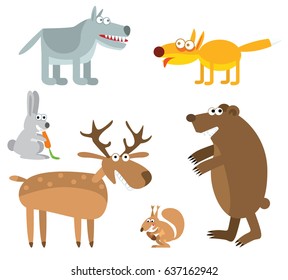 Funny forest animals isolated on white background. Wolf, fox, bear, hare, squirrel, deer. Vector illustration.